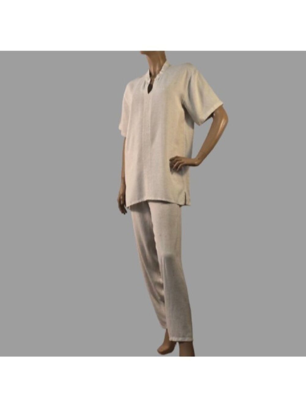 Women 2 Pieces Pants Set M Beige Mandarin Collar Tunic Pull On Trousers Pockets